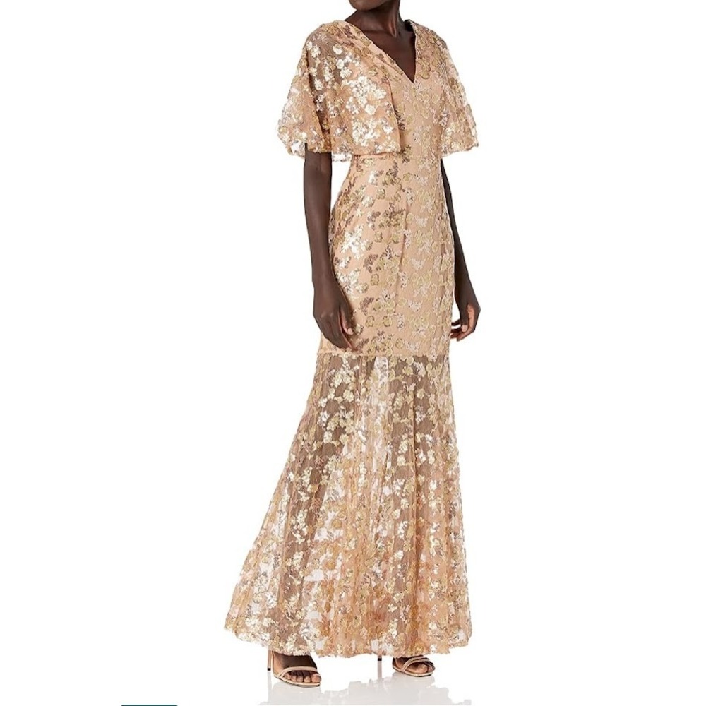 Dress The Population Women's L Lourdes Maxi Dress Gold Sequin V-Neck DDR199-K136